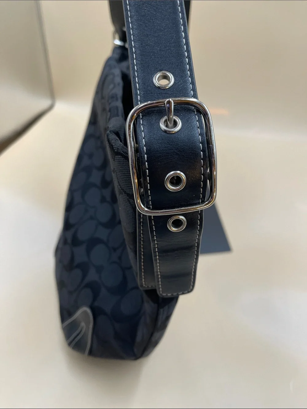 Coach Black Signature Jacquard Bucket Bag with thick strap with silver hardware